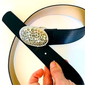 Rhinestone & Silver Buckle Belt, Black Leather Look Women’s One Size Fits Most